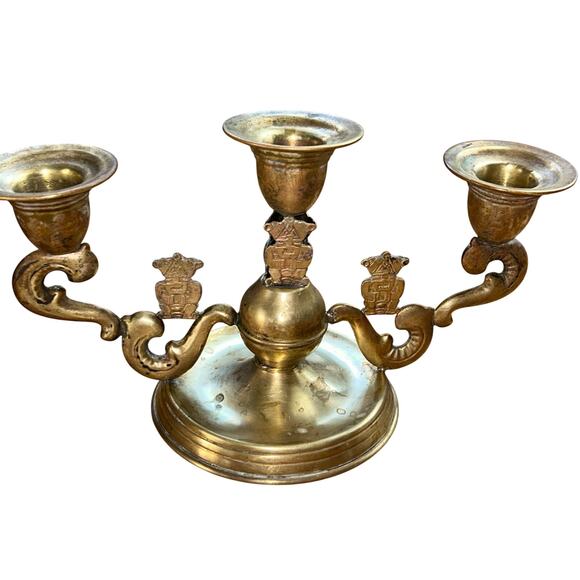 Vintage ornate Aztec brass three-arm candelabra boho Hollywood - Picture 7 of 11